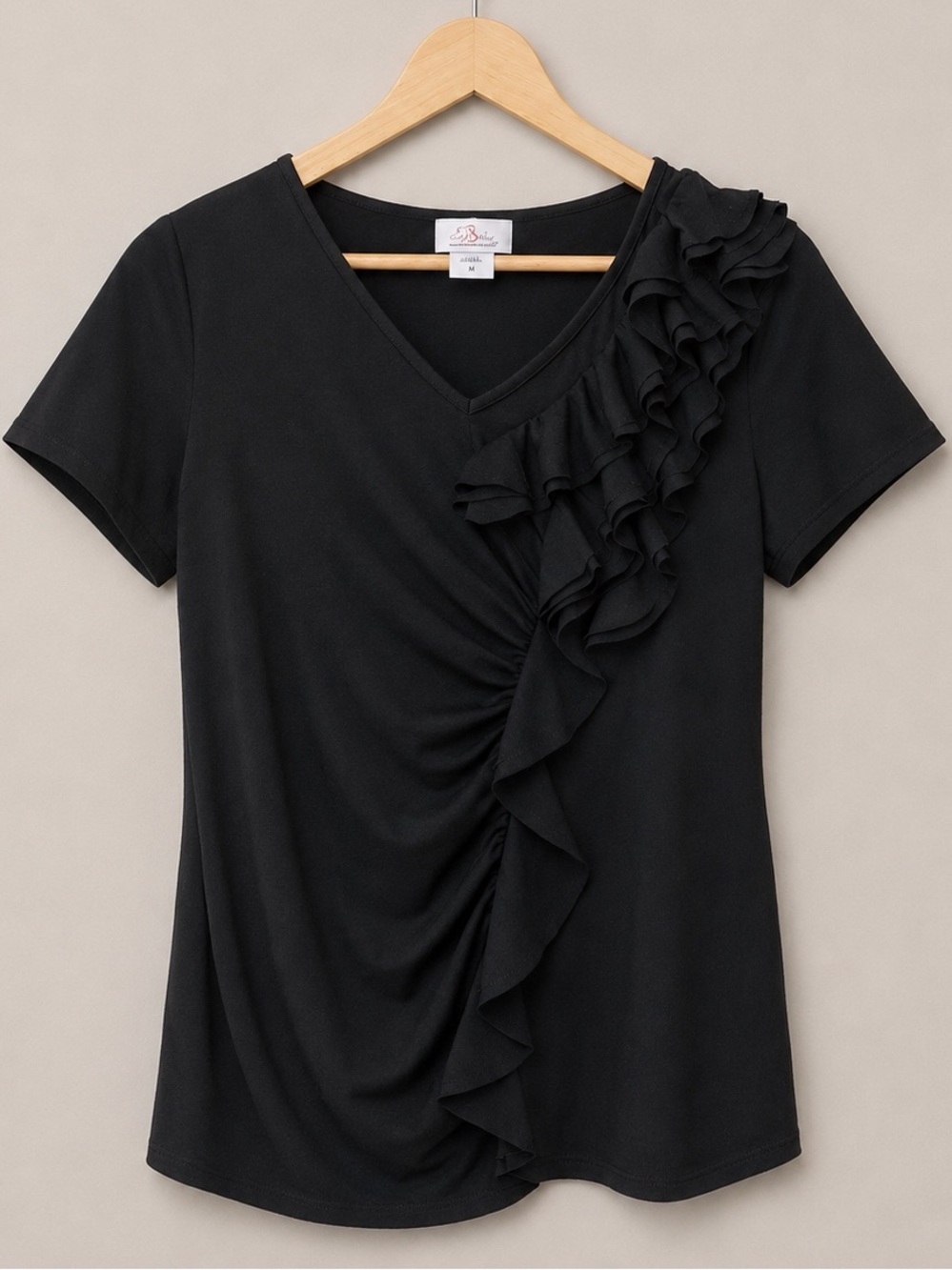 Oh Baby by Motherhood Black Ruffle V-Neck Short Sleeve Maternity Top Size M